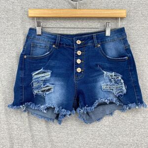 Jeans Shorts Womens Medium Blue Denim Button Up Distressed Raw Hem